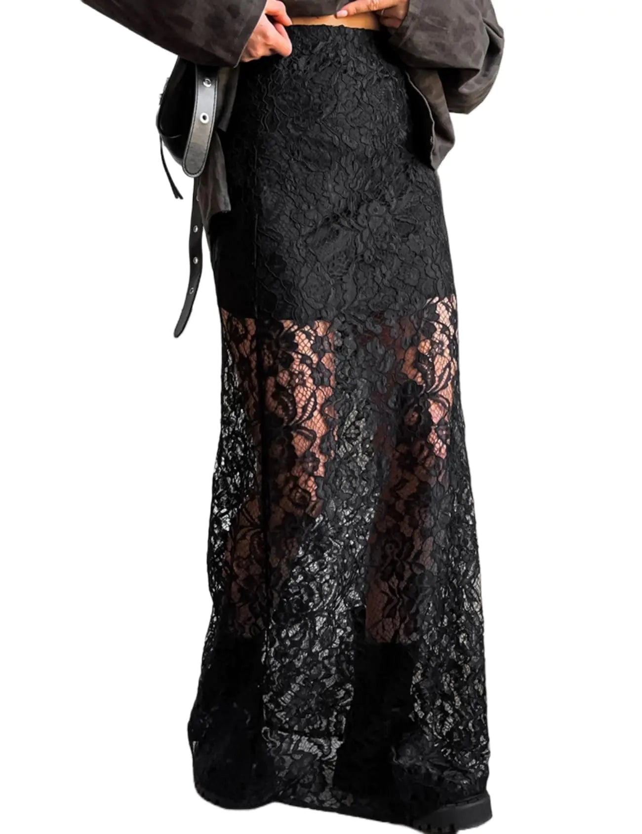 Perbai Womens Sexy Sheer Lace Skirt High Waisted Floral Embroidered Ruffled A Line Long Maxi Beach Skirts(BBlack-M)