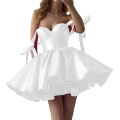 Hegabch Short Homecoming Dresses for Teens 2024 Prom Dress with Pockets Bow Sparkly Satin Sweetheart Mini Party Prom Gowns Backless White US 2