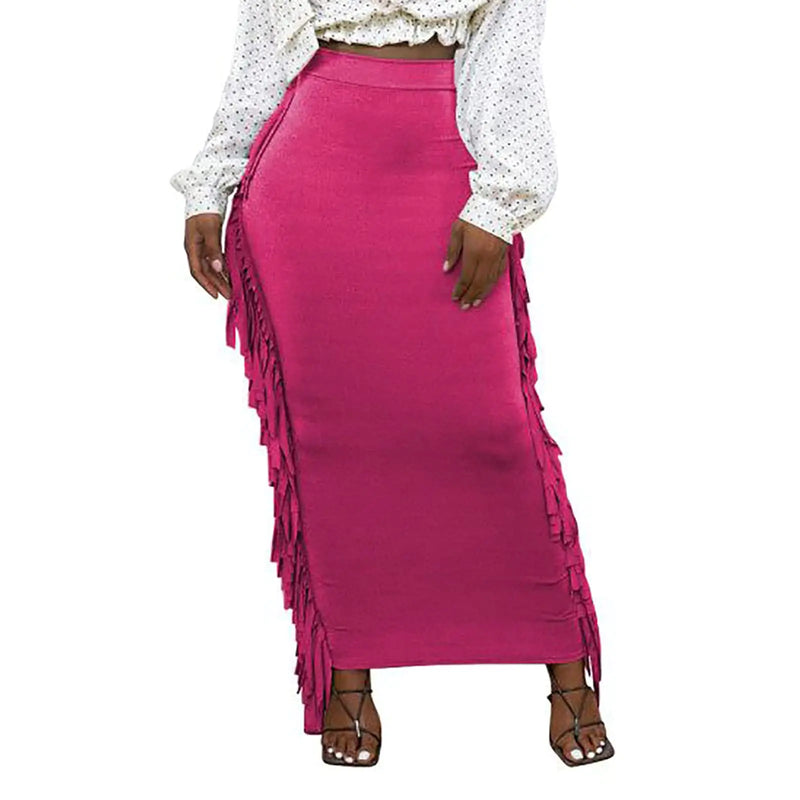 kinstell Womens Elastic High Waist Slim Bodycon Tassels Long Maxi Clubwear Night Out Pencil Skirts Rose Red