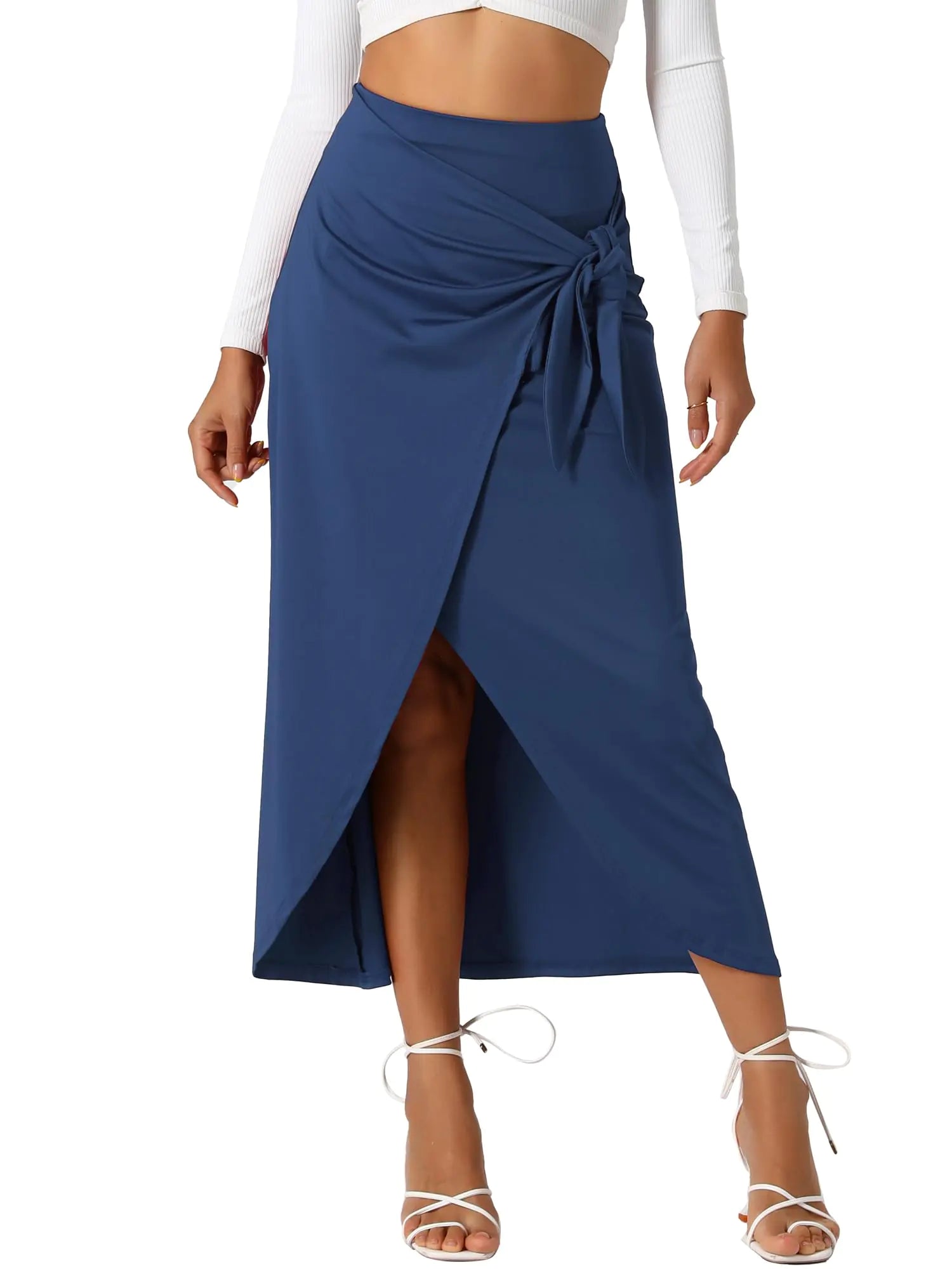 Allegra K Skirts for Womens Split Thigh Front High Waist Long Skirt Casual Boho Wrap Draped Bodycon Midi Skirt X-Small Dark Blue