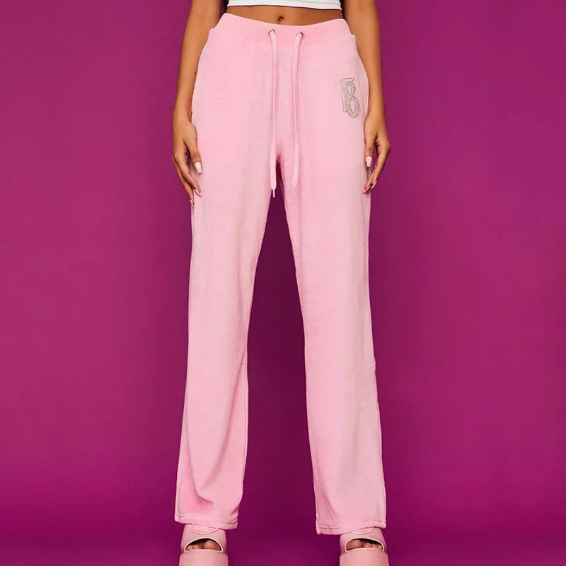 Kawaii Jogging Sweatpants Women Harajuku Oversized Rhinestone BRATZ Print Y2k Joggers Plush Sport Cargo Pants Trousers Femme