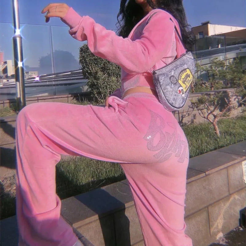 Kawaii Jogging Sweatpants Women Harajuku Oversized Rhinestone BRATZ Print Y2k Joggers Plush Sport Cargo Pants Trousers Femme