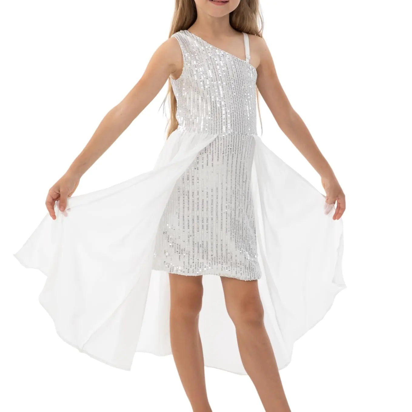 Cutey May Girls Sequin One Shoulder Birthday Party Prom Dress (US Age 7 Years 8 Years Sliver)