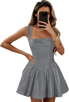 lkmnn Short Satin Homecoming Dresses for Women 2025 Square Neck Gray Prom Dress A Line Sparkly Cocktail Maxi Dress 12