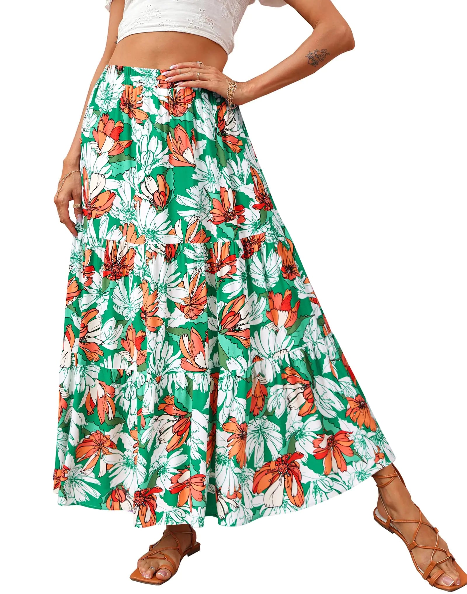 KIRUNDO Womens 2024 Summer Fall High Waist Boho Floral Maxi Skirt Casual Flowy Swing Pleated A Line Beach Long Skirts(Floral Green Orange Medium)