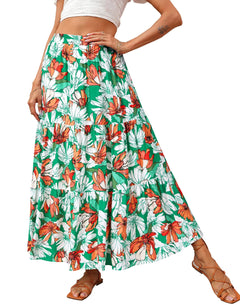 KIRUNDO Womens 2024 Summer Fall High Waist Boho Floral Maxi Skirt Casual Flowy Swing Pleated A Line Beach Long Skirts(Floral Green Orange Medium)