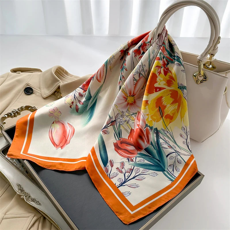 Luxury Print Silk Feeling Square Scarf Women Spring Neck Tie Shawl Wraps Female 70cm Hair Hand Wrist Headkercheif Hijab Bandana