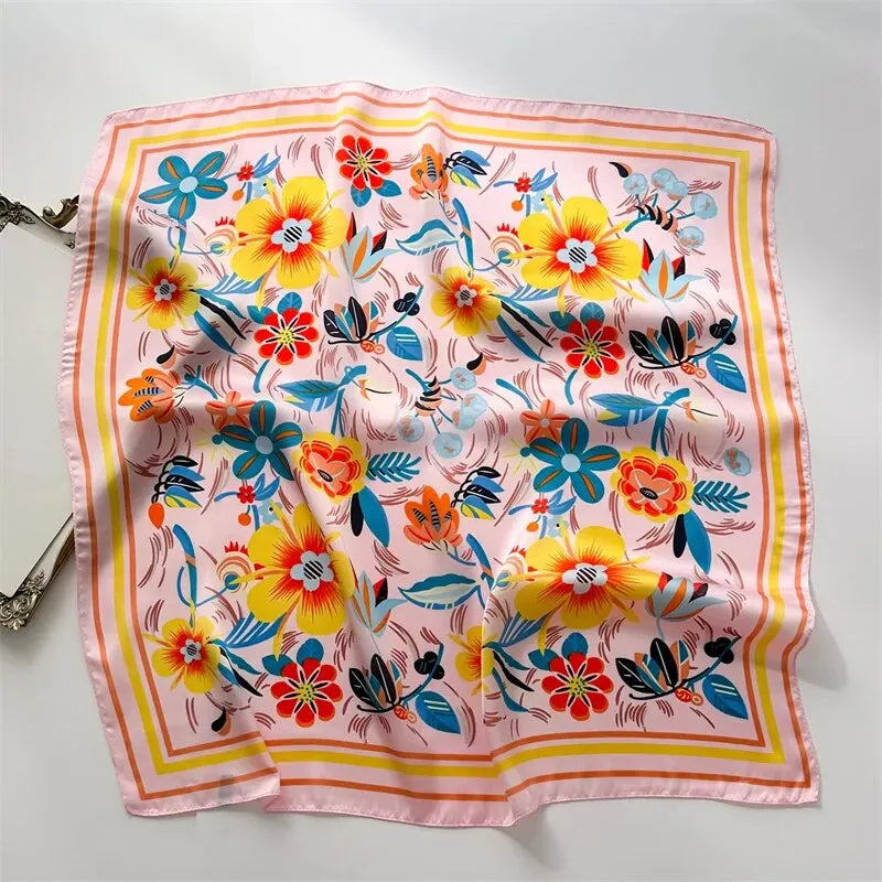 Luxury Print Silk Feeling Square Scarf Women Spring Neck Tie Shawl Wraps Female 70cm Hair Hand Wrist Headkercheif Hijab Bandana