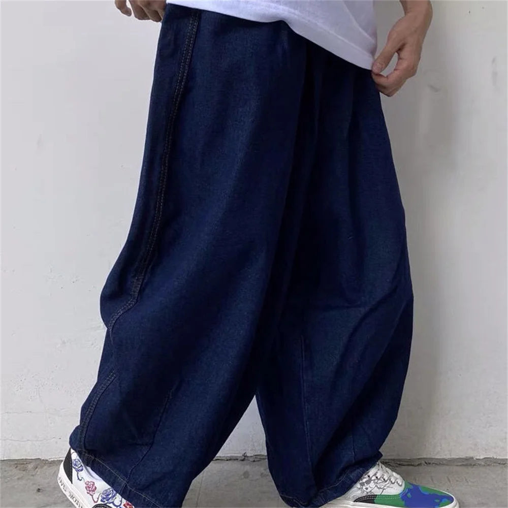 Men Wide Leg Jeans Baggy Retro Blue Japanese Simple Leisure Stylish Soft All-match Pocket Large Size S-3XL Solid New-fashion Hot
