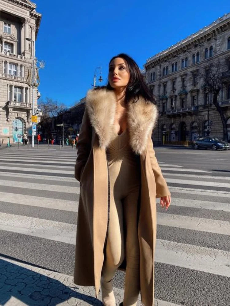 Elegant Fur Lapel Maxi Coats Women Lace Up Full Sleeve Pocket Wool Long Overcoats 2024 Winter New Lady High Street Outwear