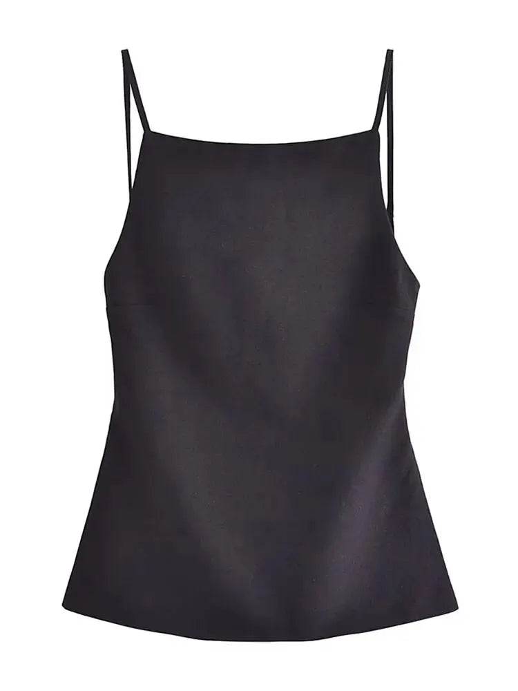 Women Fashion Solid Lace Up Backless Camisole Vintage Thin Straps Square Collar Female Chic Lady Tops