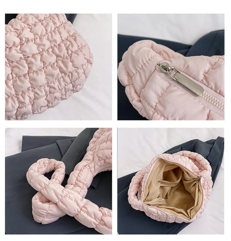 Women Fashion Crossbody Bag Large Capacity Puffy Nylon Casual Handbag Lightweight Quilted Padded Double Zipper Hobo Shoulder Bag