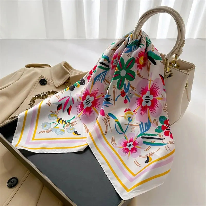 Luxury Print Silk Feeling Square Scarf Women Spring Neck Tie Shawl Wraps Female 70cm Hair Hand Wrist Headkercheif Hijab Bandana