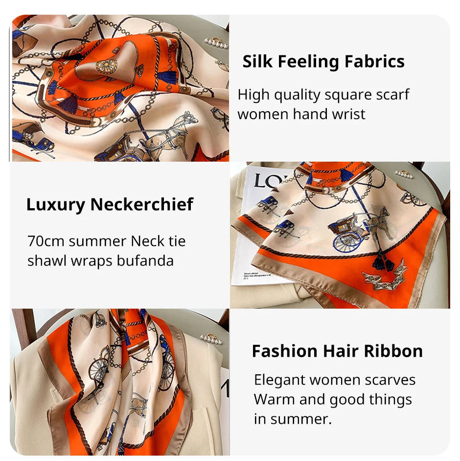 Luxury Print Silk Feeling Square Scarf Women Spring Neck Tie Shawl Wraps Female 70cm Hair Hand Wrist Headkercheif Hijab Bandana