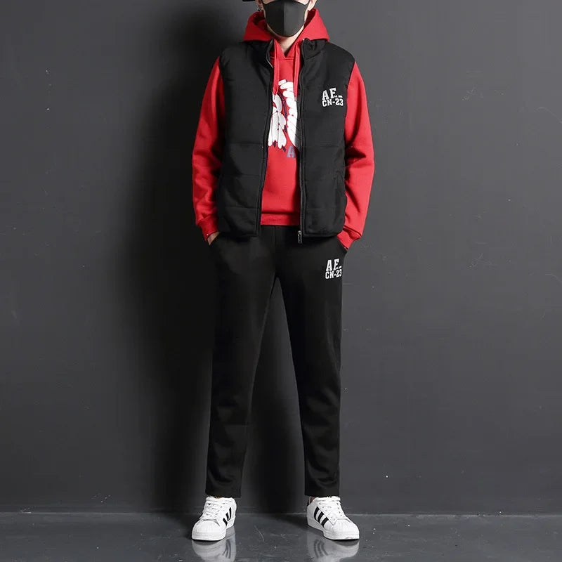 3 Pieces Set Hoodies+Vest+Pants Casual Men's Track Suit Clothing Coats Winter Thick Warm Tracksuit for Men Printed Mens Set Vest