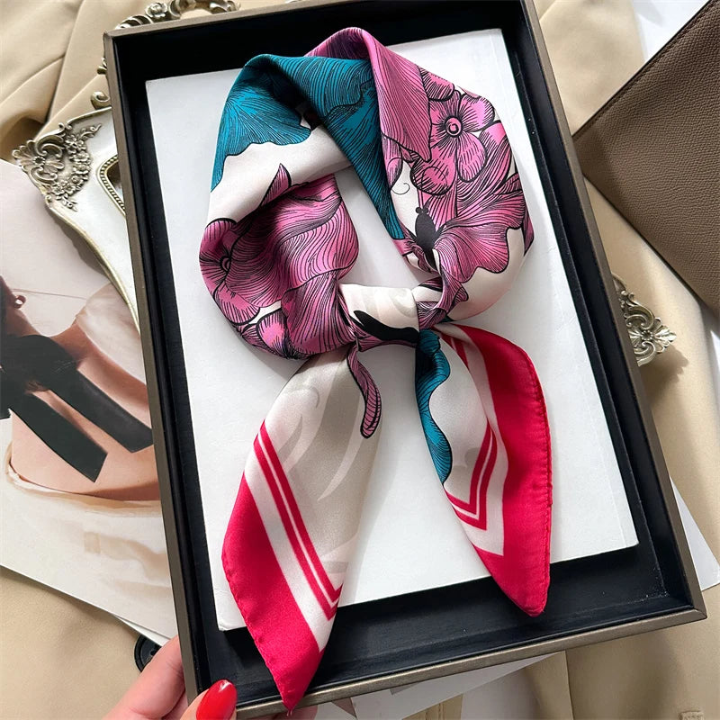 Luxury Print Silk Feeling Square Scarf Women Spring Neck Tie Shawl Wraps Female 70cm Hair Hand Wrist Headkercheif Hijab Bandana