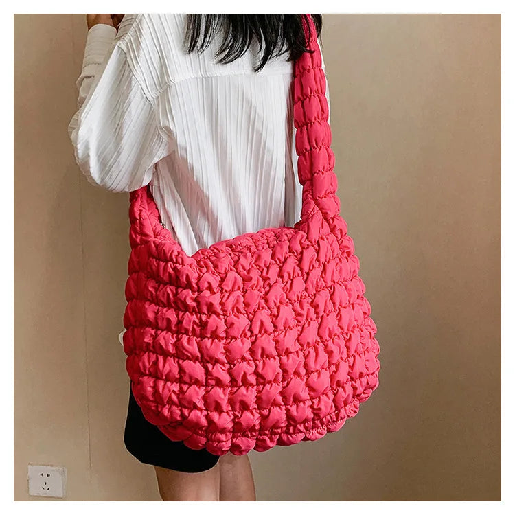Women Fashion Crossbody Bag Large Capacity Puffy Nylon Casual Handbag Lightweight Quilted Padded Double Zipper Hobo Shoulder Bag