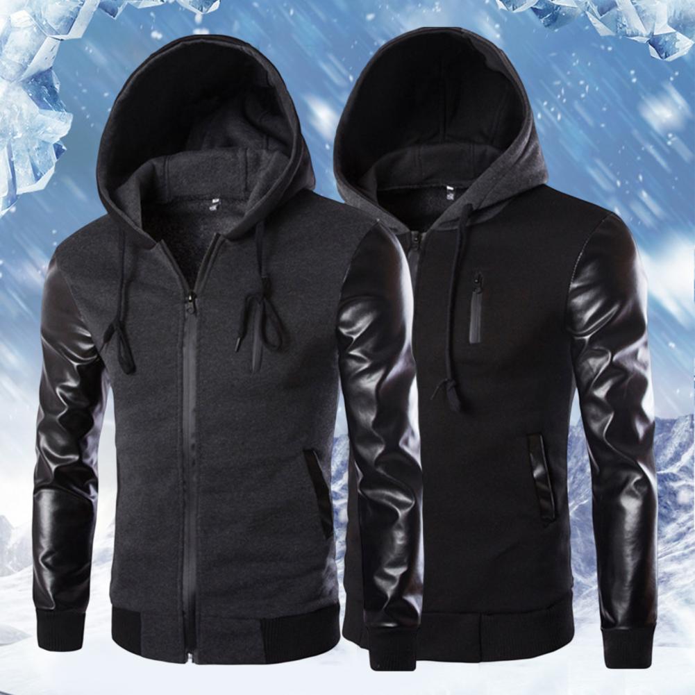 Men Jacket Faux Leather Sleeve Pockets Hoodies Sweatshirts Military Windbreaker Spring Autumn Outerwear свитер оверсайз