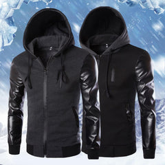 Men Jacket Faux Leather Sleeve Pockets Hoodies Sweatshirts Military Windbreaker Spring Autumn Outerwear свитер оверсайз