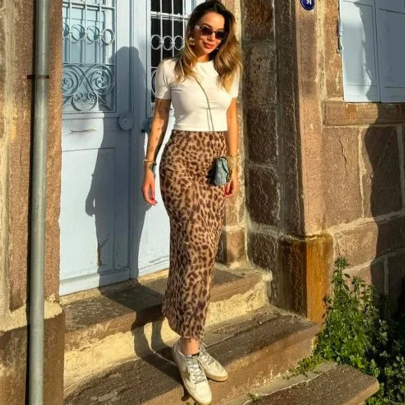 TRAF Leopard Long Skirts Women's 2024 Spring Summer Autumn Elegant Party Printed Skirts Ladies Fashion Casual Office Midi Skirts