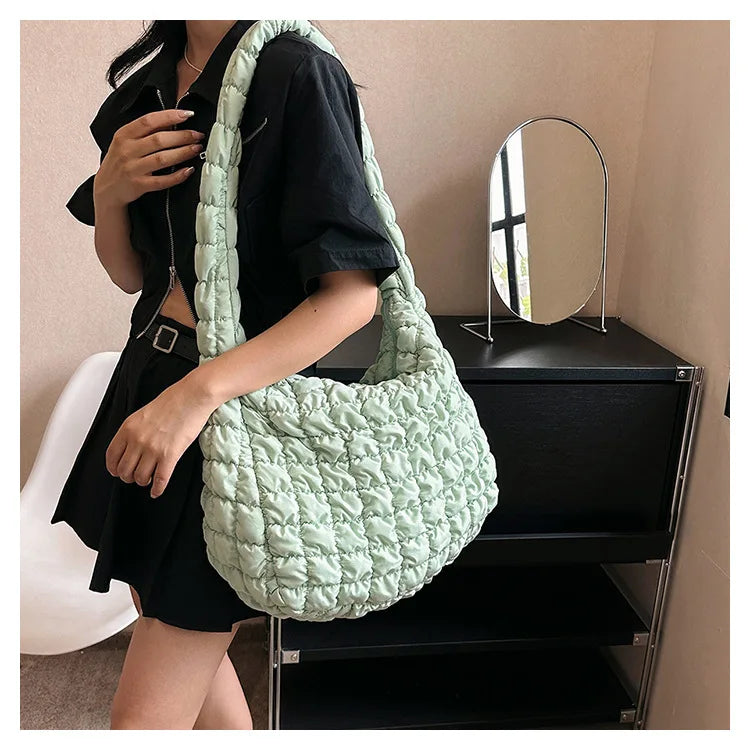 Women Fashion Crossbody Bag Large Capacity Puffy Nylon Casual Handbag Lightweight Quilted Padded Double Zipper Hobo Shoulder Bag