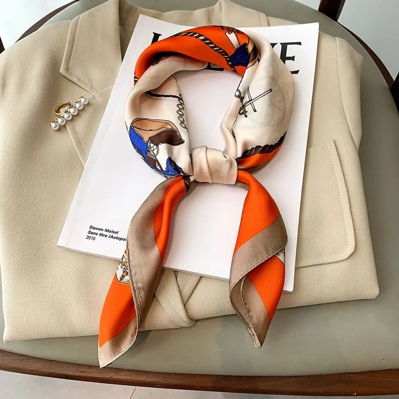 Luxury Print Silk Feeling Square Scarf Women Spring Neck Tie Shawl Wraps Female 70cm Hair Hand Wrist Headkercheif Hijab Bandana