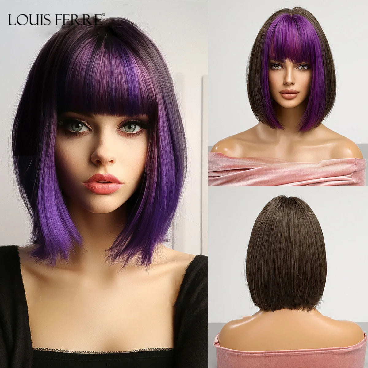Short Straight Bob Synthetic Wigs for Women White With Black Brown Highlights Cosplay Hair With Bangs Daily Lolita Natural Wigs