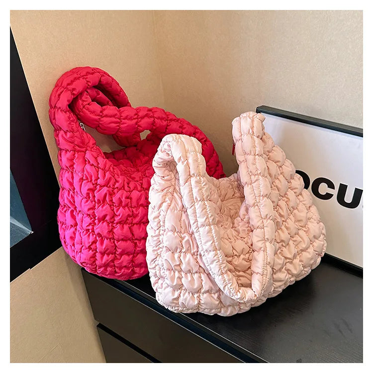Women Fashion Crossbody Bag Large Capacity Puffy Nylon Casual Handbag Lightweight Quilted Padded Double Zipper Hobo Shoulder Bag