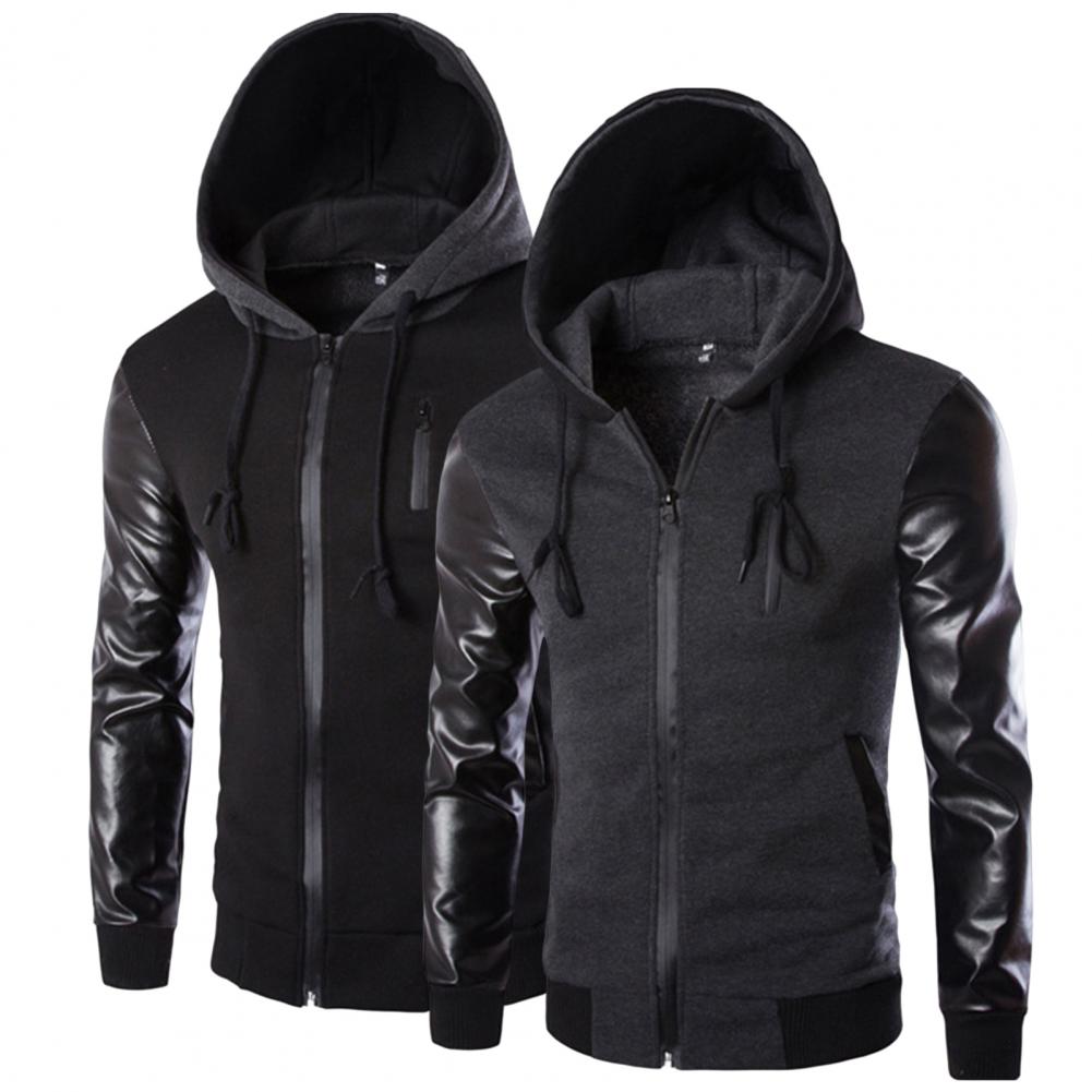 Men Jacket Faux Leather Sleeve Pockets Hoodies Sweatshirts Military Windbreaker Spring Autumn Outerwear свитер оверсайз