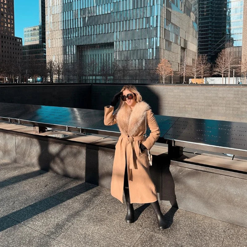 Elegant Fur Lapel Maxi Coats Women Lace Up Full Sleeve Pocket Wool Long Overcoats 2024 Winter New Lady High Street Outwear