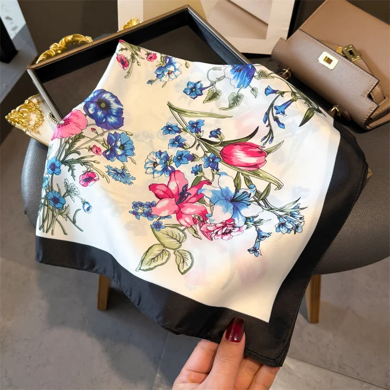 Luxury 2024 Silk Print Hair Scarf Women Floral Kerchief Neck Tie Hand Wrist Foulard Shawl Wraps Head Hijab Bandana Echarpe