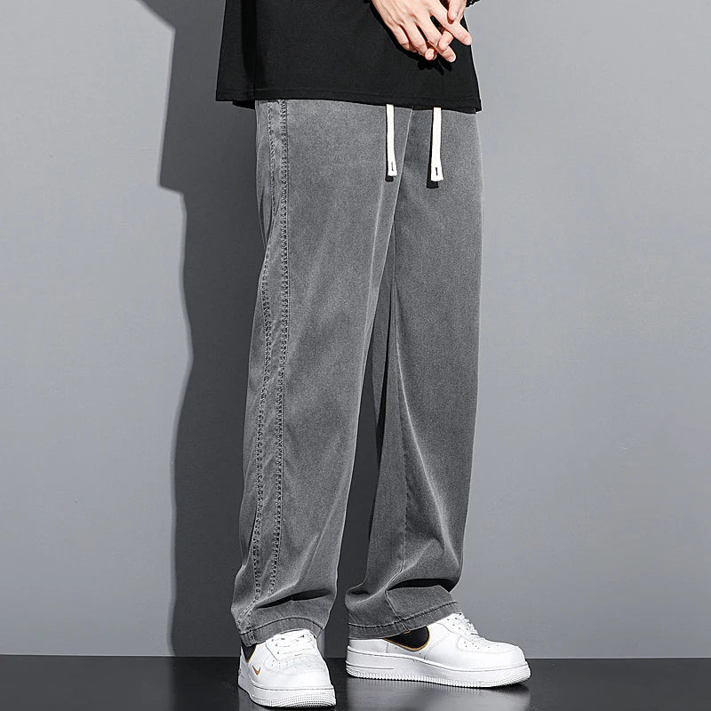 2024 Spring/Summer New Soft Lyocell Fabric Men's Jeans Thin Loose Straight Leg PantsDrawstring Elastic Waist Korean casual pants