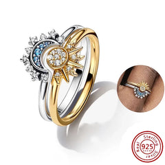 New Hot 925 Silver Crown Sparkling Rings Sun Moon Celestial Wishbone Women's Set Ring Wedding Diy Charm Luxury DIY Jewelry Gift