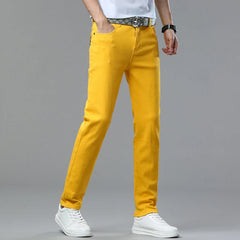 Red White Jeans Men's Stretch Cotton Denim Pants Classic Straight Fashion Fit Autumn Business Casual Trousers Man Clothes
