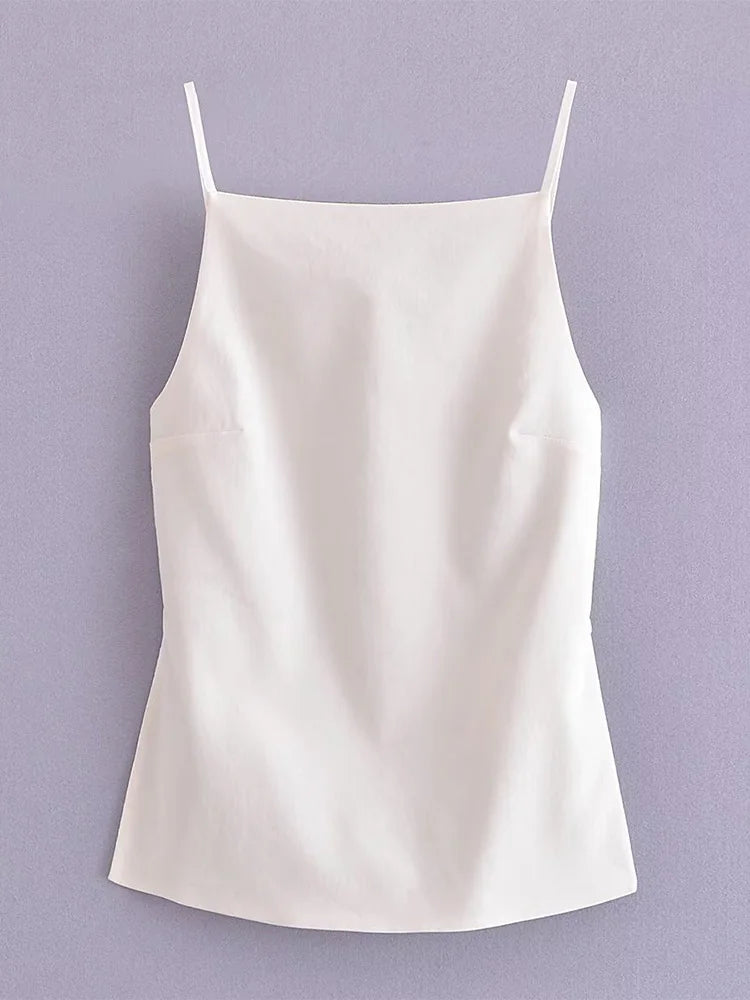 Women Fashion Solid Lace Up Backless Camisole Vintage Thin Straps Square Collar Female Chic Lady Tops