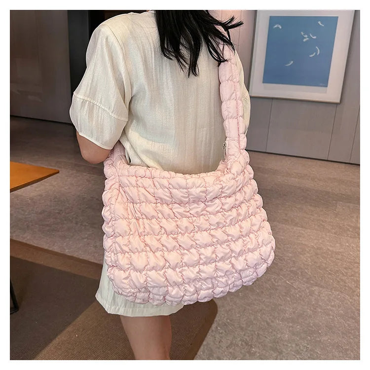 Women Fashion Crossbody Bag Large Capacity Puffy Nylon Casual Handbag Lightweight Quilted Padded Double Zipper Hobo Shoulder Bag