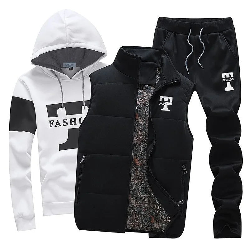 3 Pieces Set Hoodies+Vest+Pants Casual Men's Track Suit Clothing Coats Winter Thick Warm Tracksuit for Men Printed Mens Set Vest