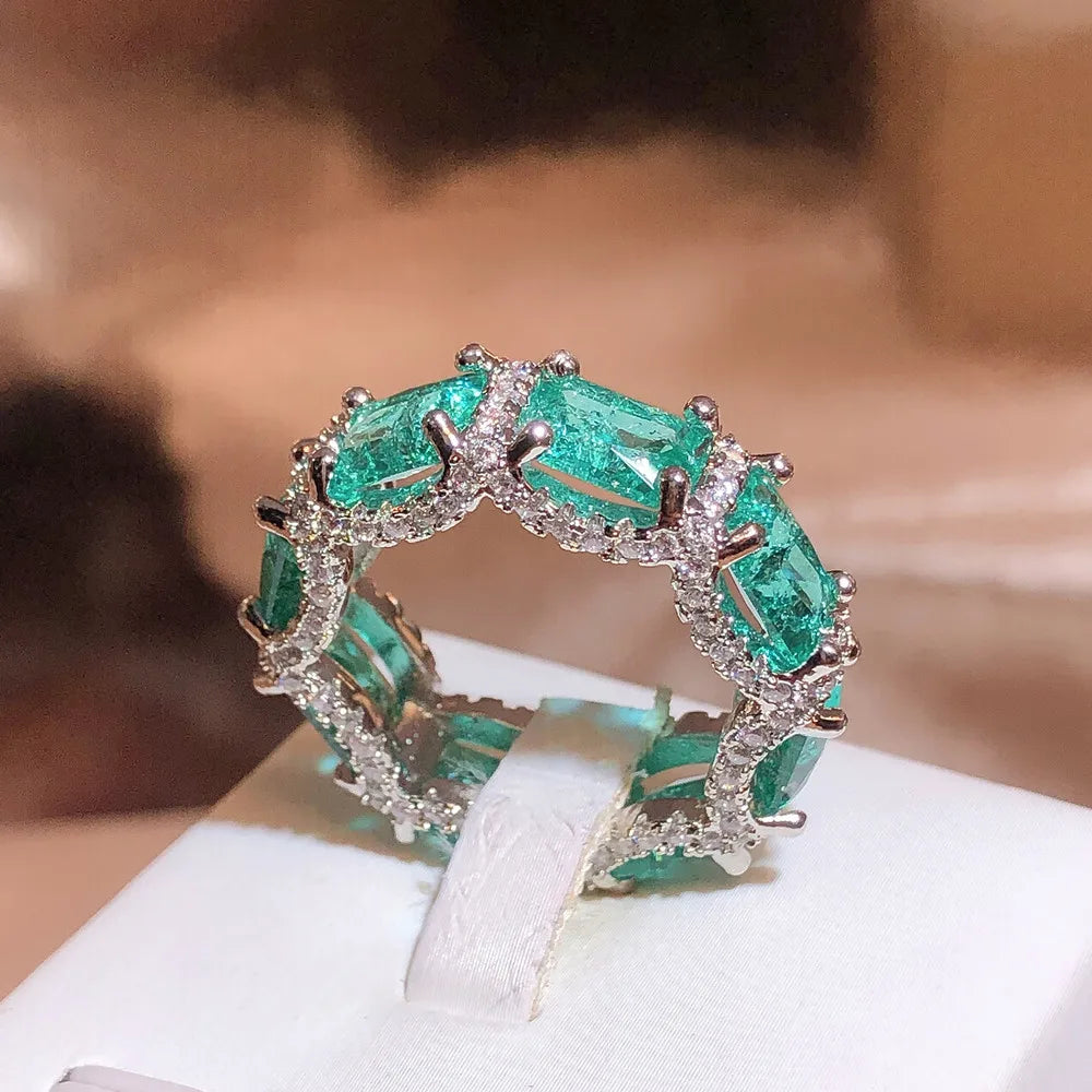 925 Silver Plated Paraiba Zircon Jewelry Heavy Industry Inlaid Aquamarine Topaz Ring Women's Party Wedding Rings
