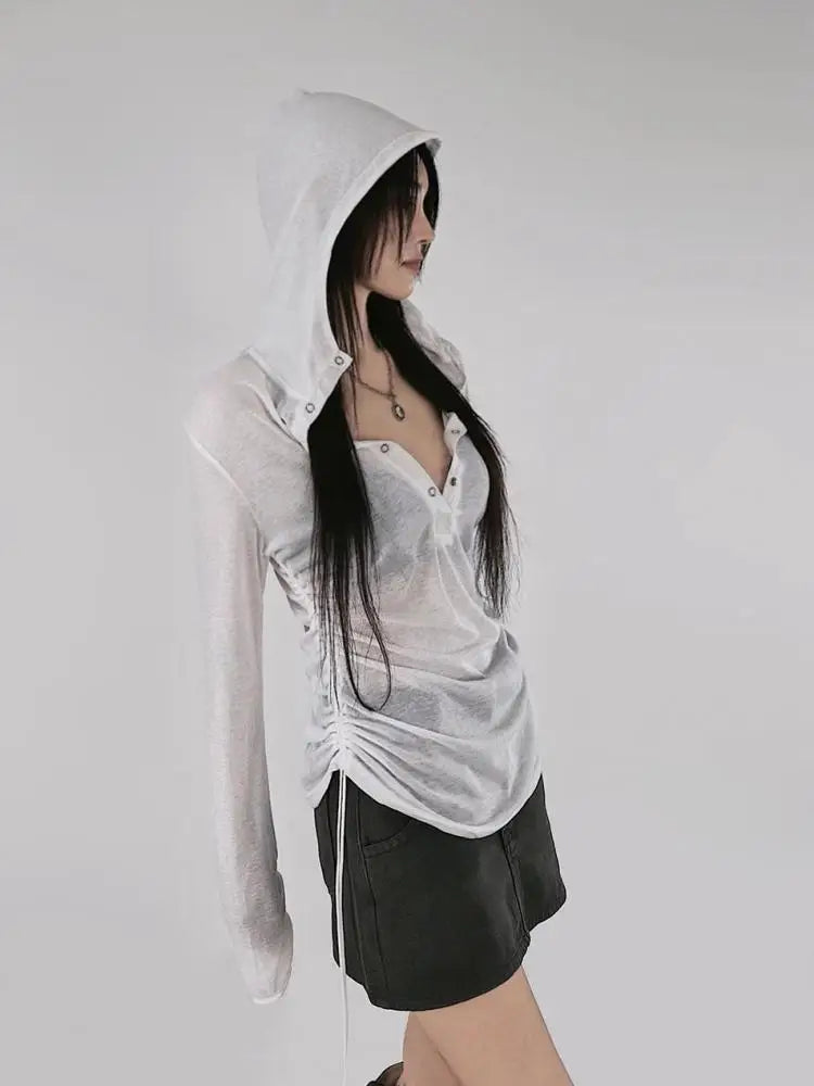Genayooa Hooded Sheer T Shirt Woman Clothes Long Sleeve Korean Fashion 2000s Clothes Y2k See Through Autumn Tops Tees Female