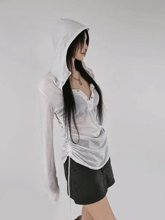 Genayooa Hooded Sheer T Shirt Woman Clothes Long Sleeve Korean Fashion 2000s Clothes Y2k See Through Autumn Tops Tees Female