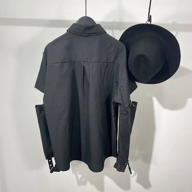 HKSH Men's Punk Darkwear High Street Nihce Design Shirts Sleeve Detachable Necktie Casual Tops Summer Spring Chic Blouse HK0006