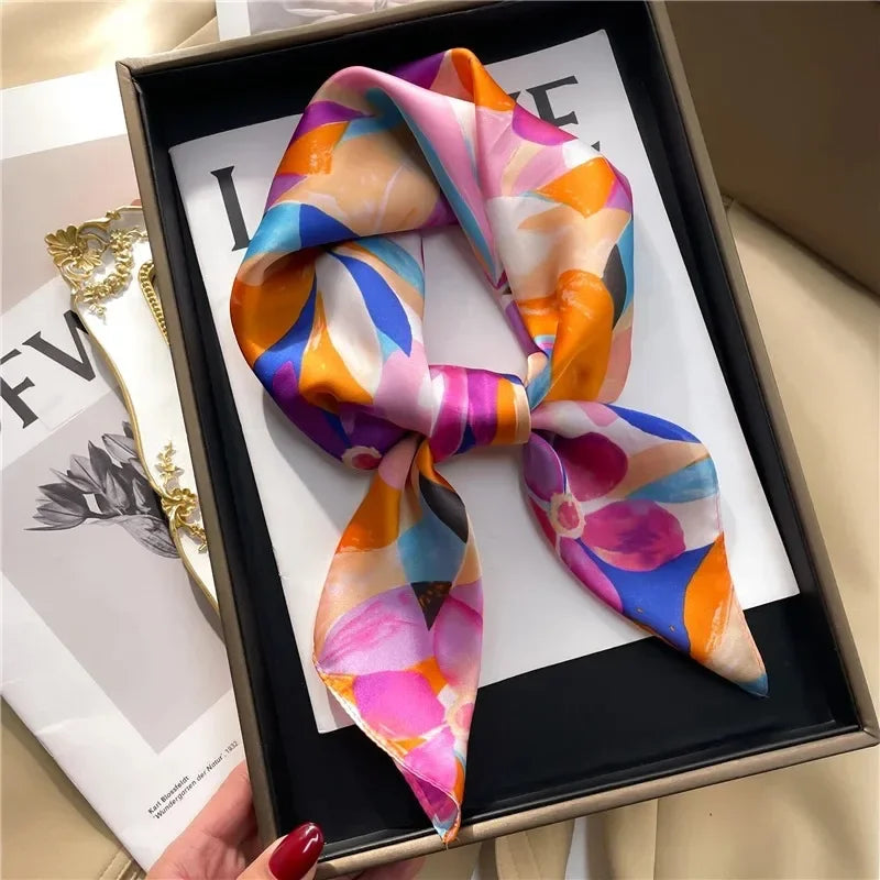 Luxury Brand 2024 Square Scarf Women Cat Neck Hair Tie Band Beach Hijab Kerchief Head Headbands Bandana Female Foulard 70cm