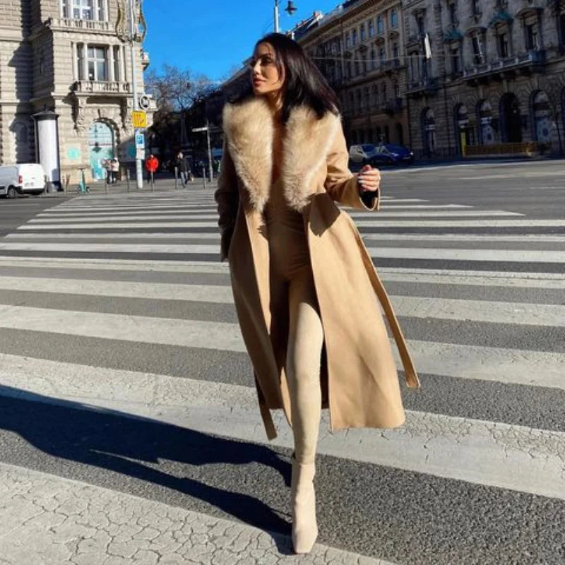 Elegant Fur Lapel Maxi Coats Women Lace Up Full Sleeve Pocket Wool Long Overcoats 2024 Winter New Lady High Street Outwear