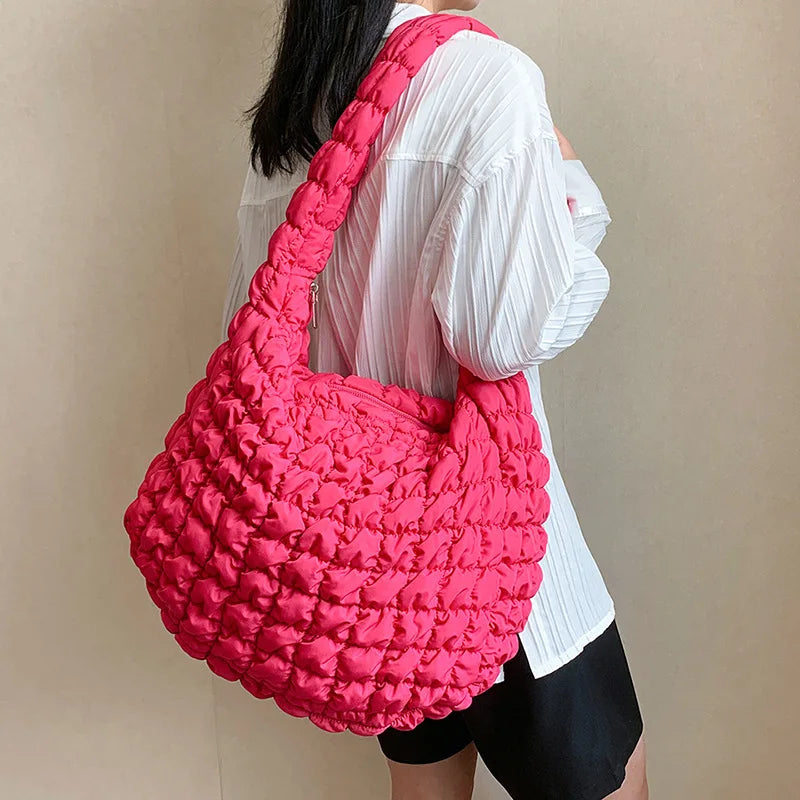 Women Fashion Crossbody Bag Large Capacity Puffy Nylon Casual Handbag Lightweight Quilted Padded Double Zipper Hobo Shoulder Bag