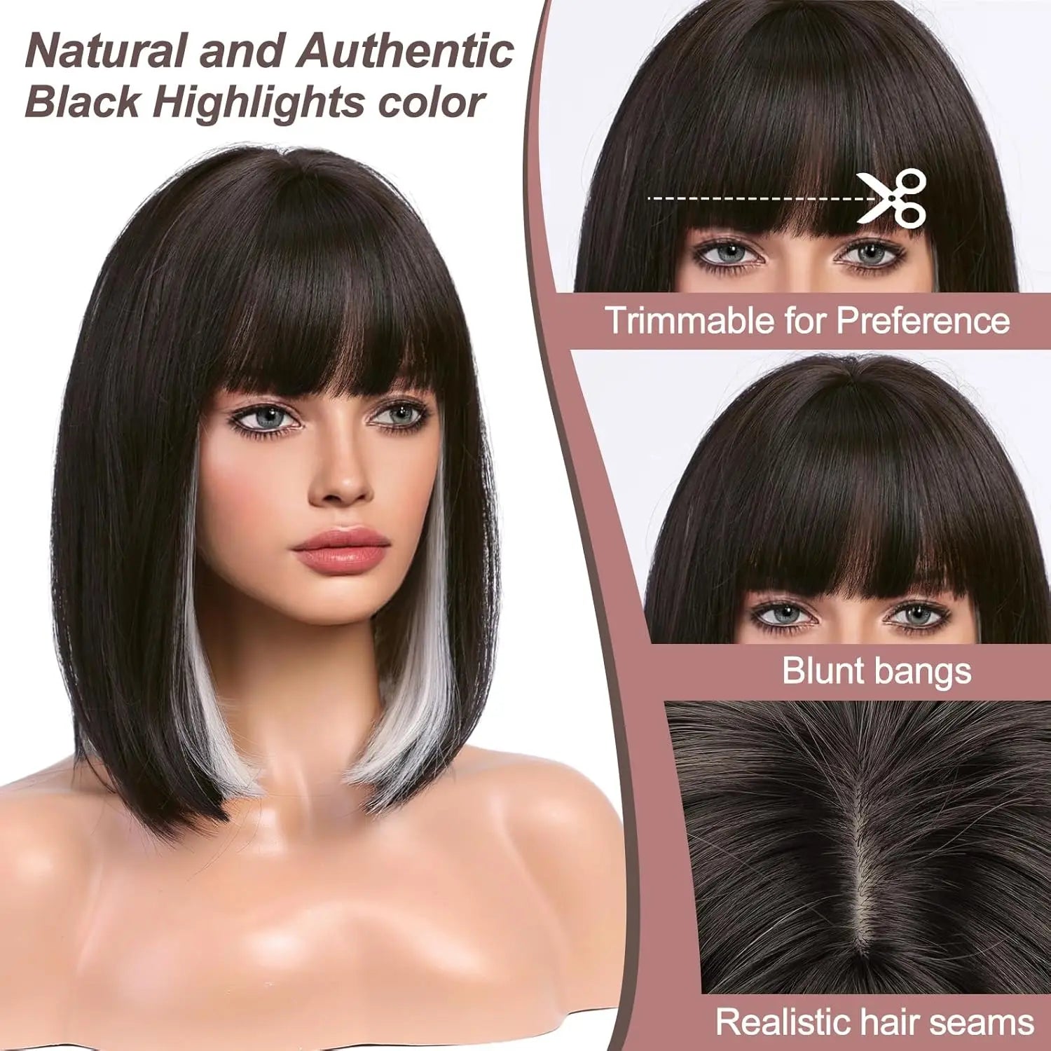 Short Straight Bob Synthetic Wigs for Women White With Black Brown Highlights Cosplay Hair With Bangs Daily Lolita Natural Wigs