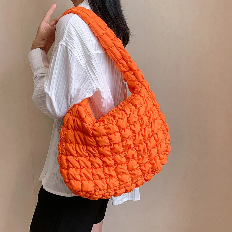 Women Fashion Crossbody Bag Large Capacity Puffy Nylon Casual Handbag Lightweight Quilted Padded Double Zipper Hobo Shoulder Bag