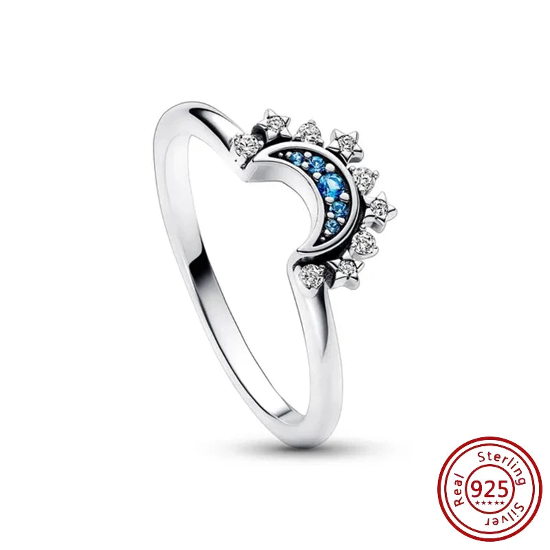 New Hot 925 Silver Crown Sparkling Rings Sun Moon Celestial Wishbone Women's Set Ring Wedding Diy Charm Luxury DIY Jewelry Gift