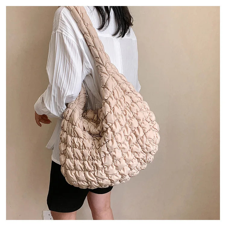 Women Fashion Crossbody Bag Large Capacity Puffy Nylon Casual Handbag Lightweight Quilted Padded Double Zipper Hobo Shoulder Bag