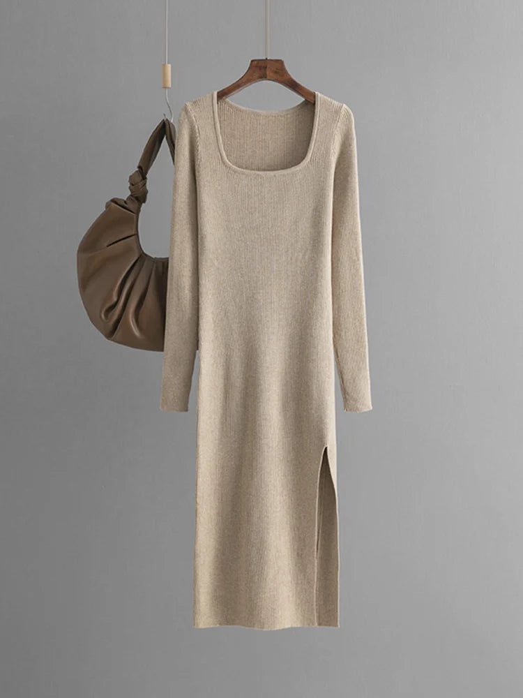 Women Knitted Dress With Side Slit Long Sleeve Solid Elegant Dresses For Ladies Light Blue Big Collar Skinny Long Dresses Autumn