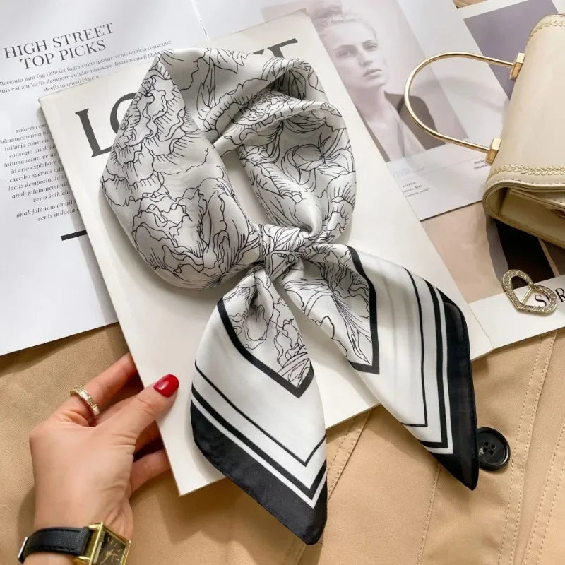 Luxury Brand 2024 Square Scarf Women Cat Neck Hair Tie Band Beach Hijab Kerchief Head Headbands Bandana Female Foulard 70cm